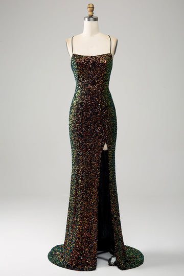 Glitter Nero Spaghetti Straps Paillettes Mermaid Prom Dress con Spacco